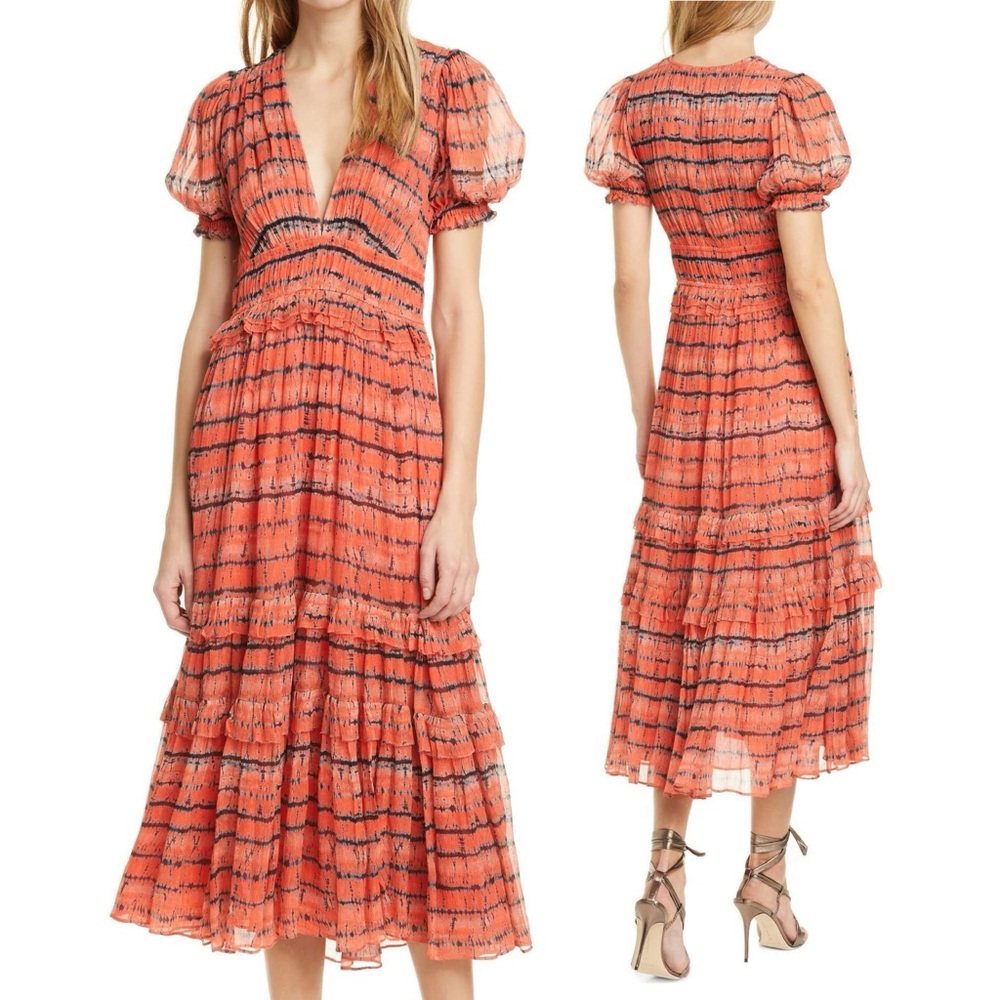 ULLA JOHNSON Elodie Silk Tiered Puff Sleeve Midi Dress Chili Tie Dye \\ 10